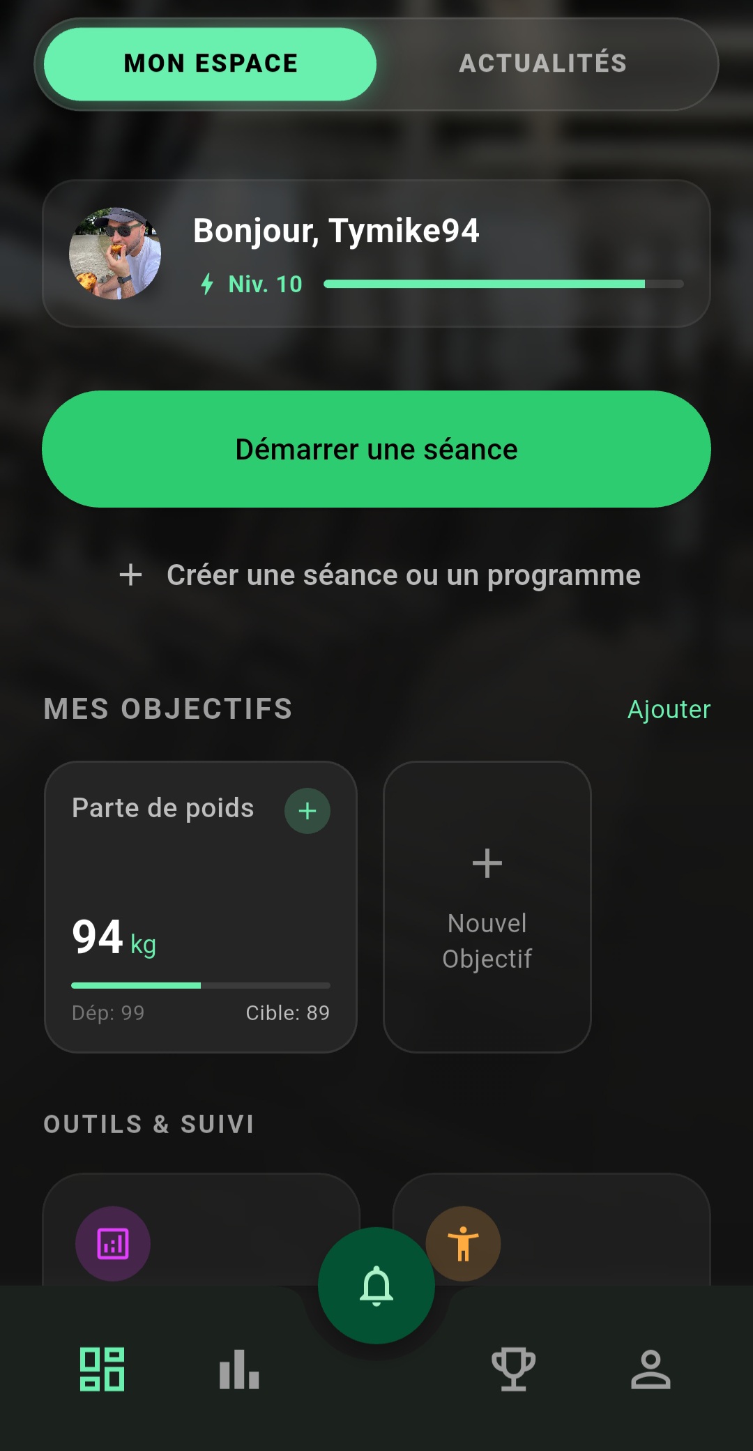 Dashboard — démarrer une séance