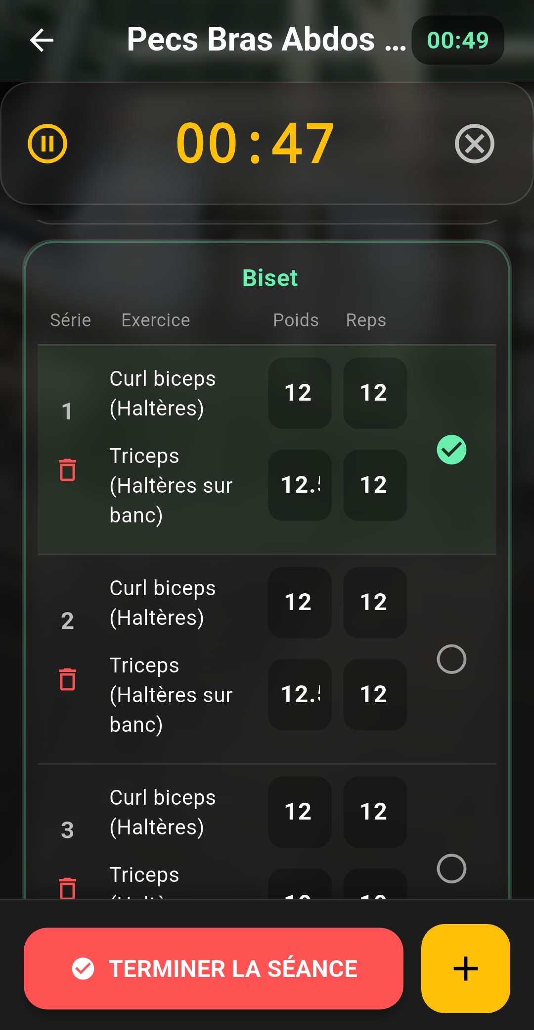 Sessio pendant une séance — biset, séries, chrono